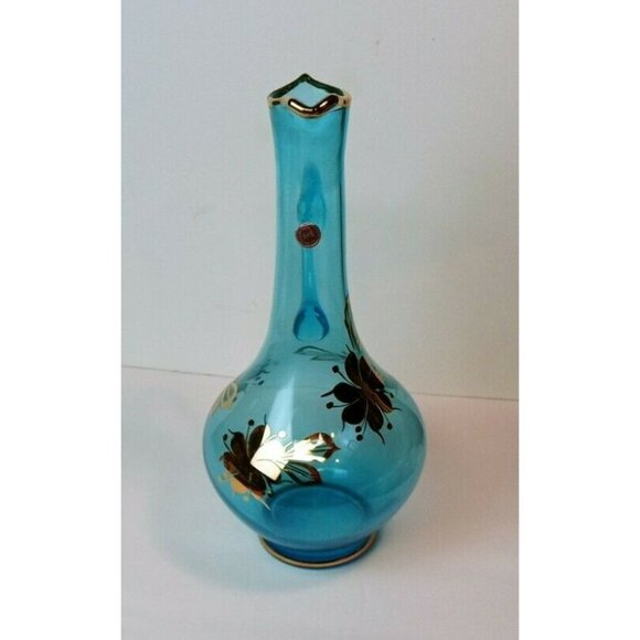 Aqua Blue Romanian Glass Decanter With Gold Floral Design & Handle - Picture 3 of 12